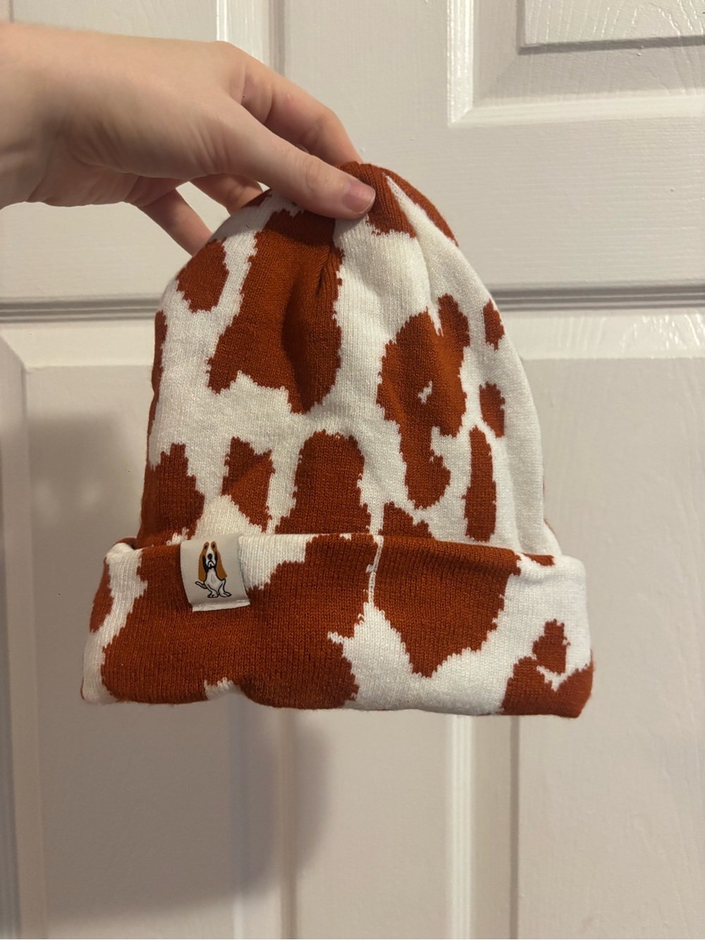 Cow-Print Beanie Hat - White & Rust